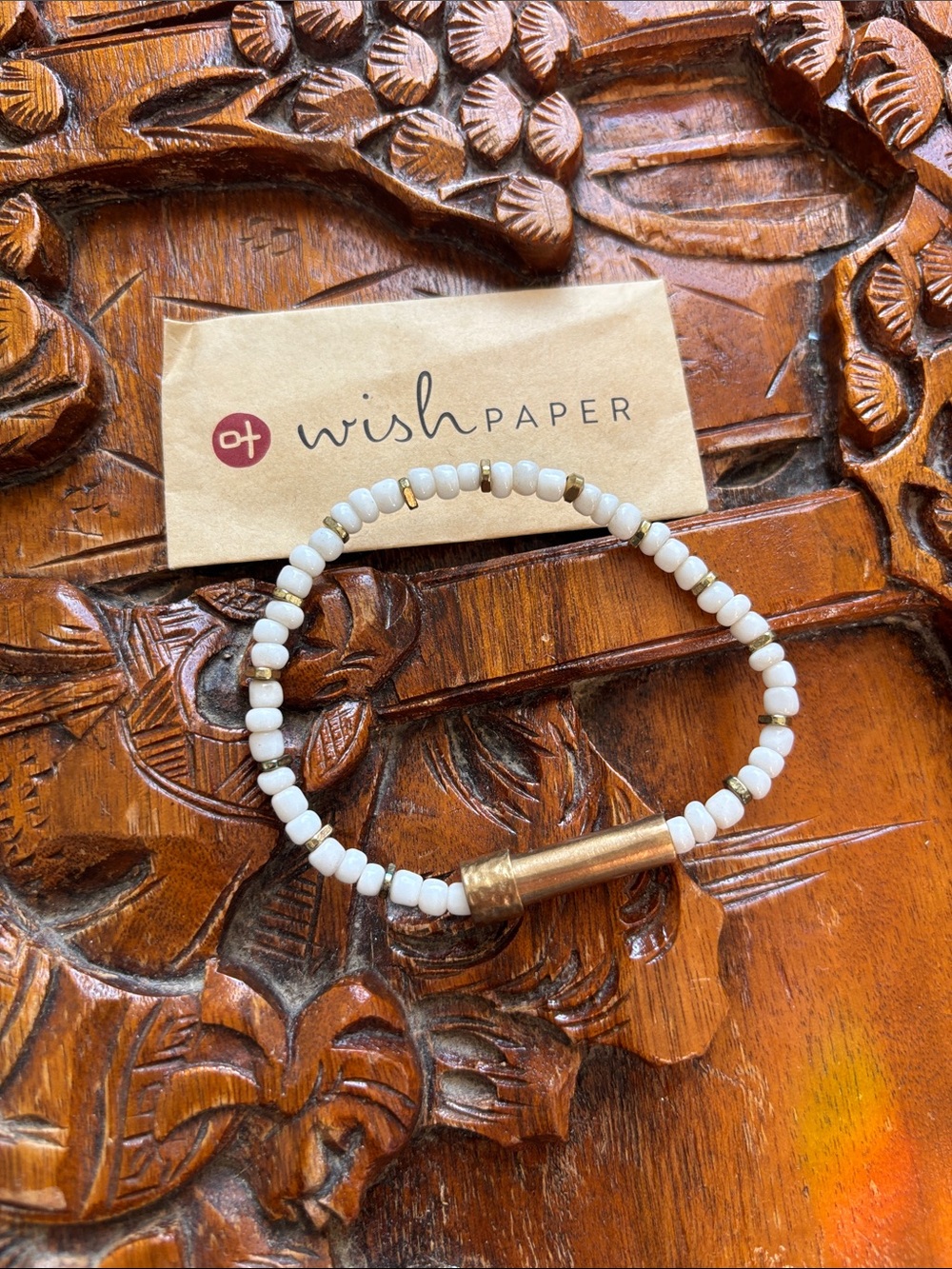 Artisan handmade Wishbeads brass & white ceramic bead bracelet